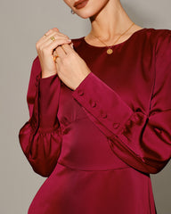 Wine Red Satin A-Line Midi Dress | Rihoas