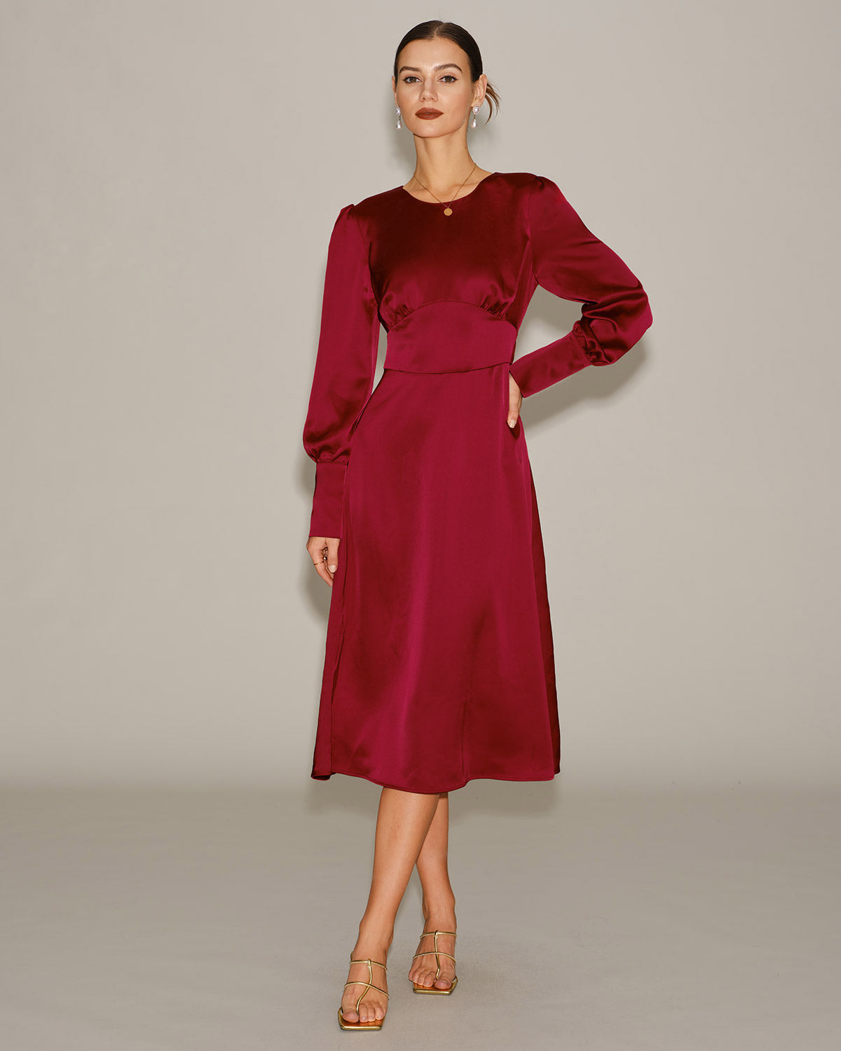 Wine Red Satin A-Line Midi Dress | Rihoas