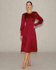 Wine Red Satin A-Line Midi Dress | Rihoas