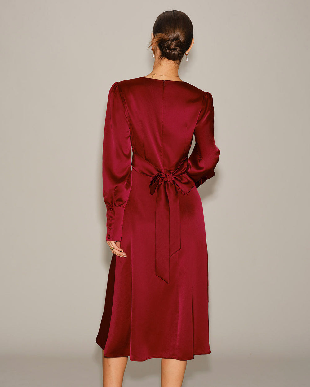 Wine Red Satin A-Line Midi Dress | Rihoas