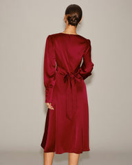 Wine Red Satin A-Line Midi Dress | Rihoas