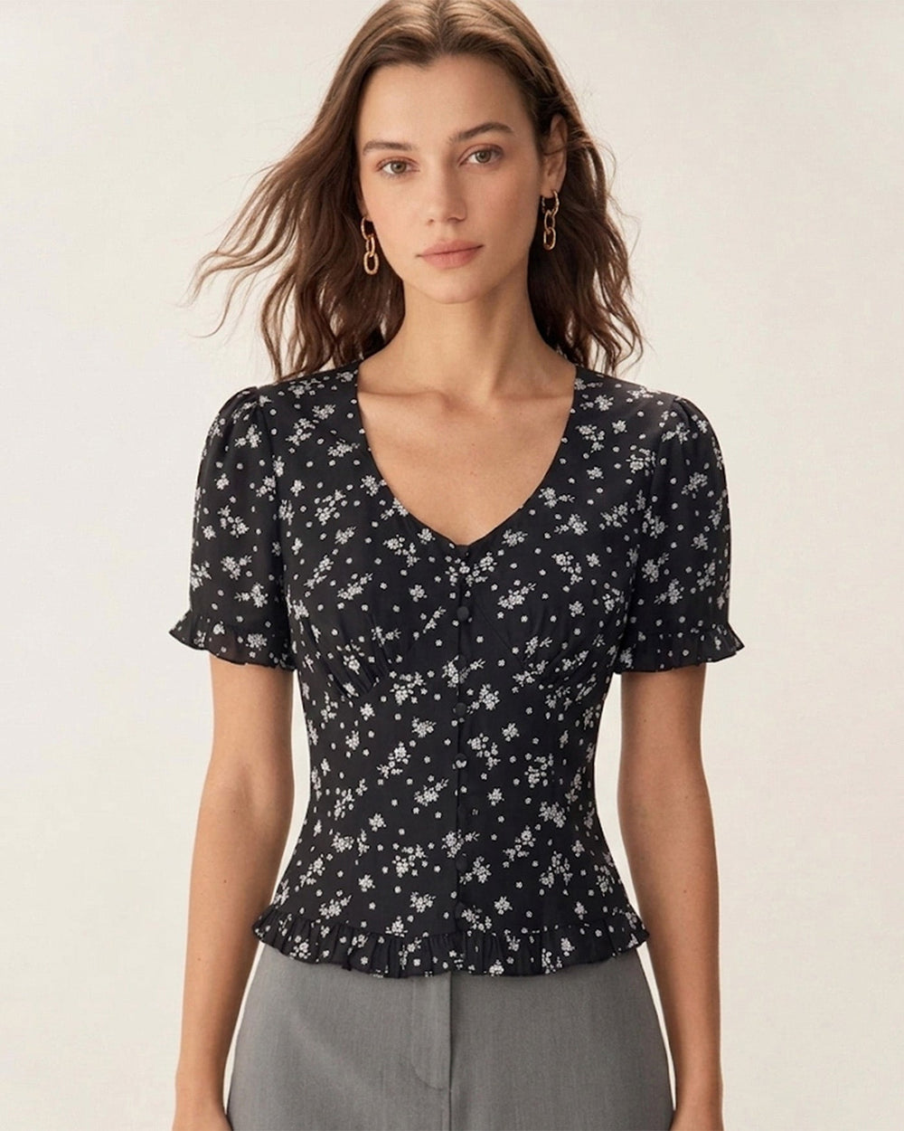 Black Floral Scoop Neck Blouse | Rihoas