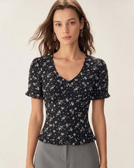 Black Floral Scoop Neck Blouse | Rihoas