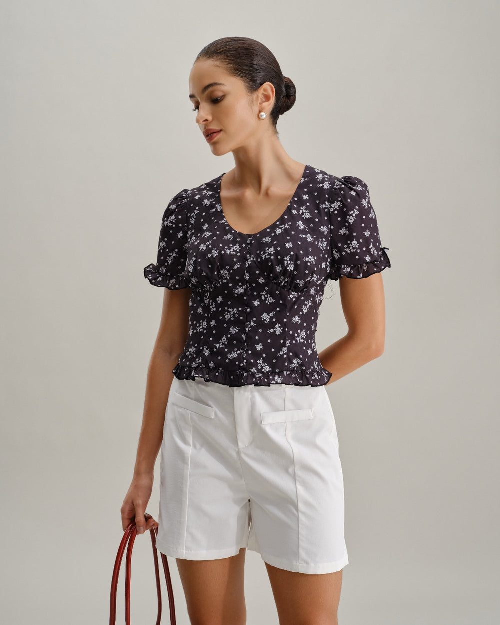 Black Floral Scoop Neck Blouse | Rihoas