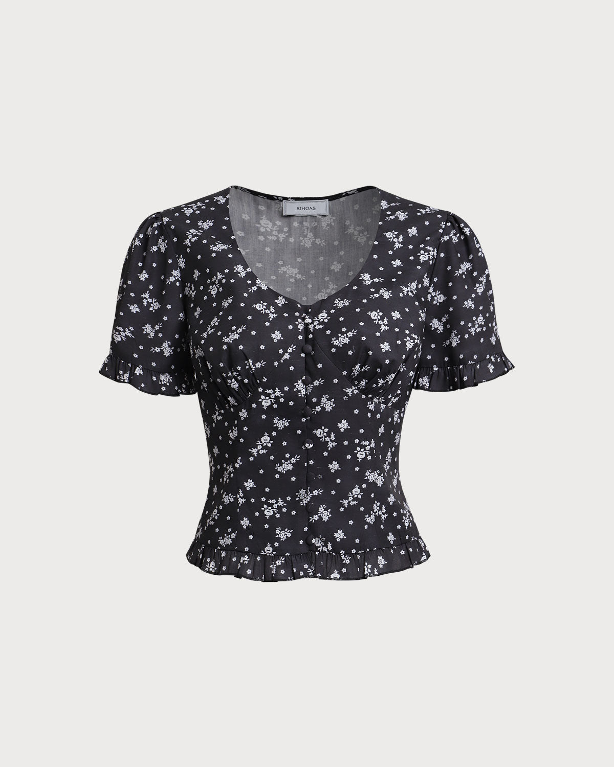 Black Floral Scoop Neck Blouse | Rihoas