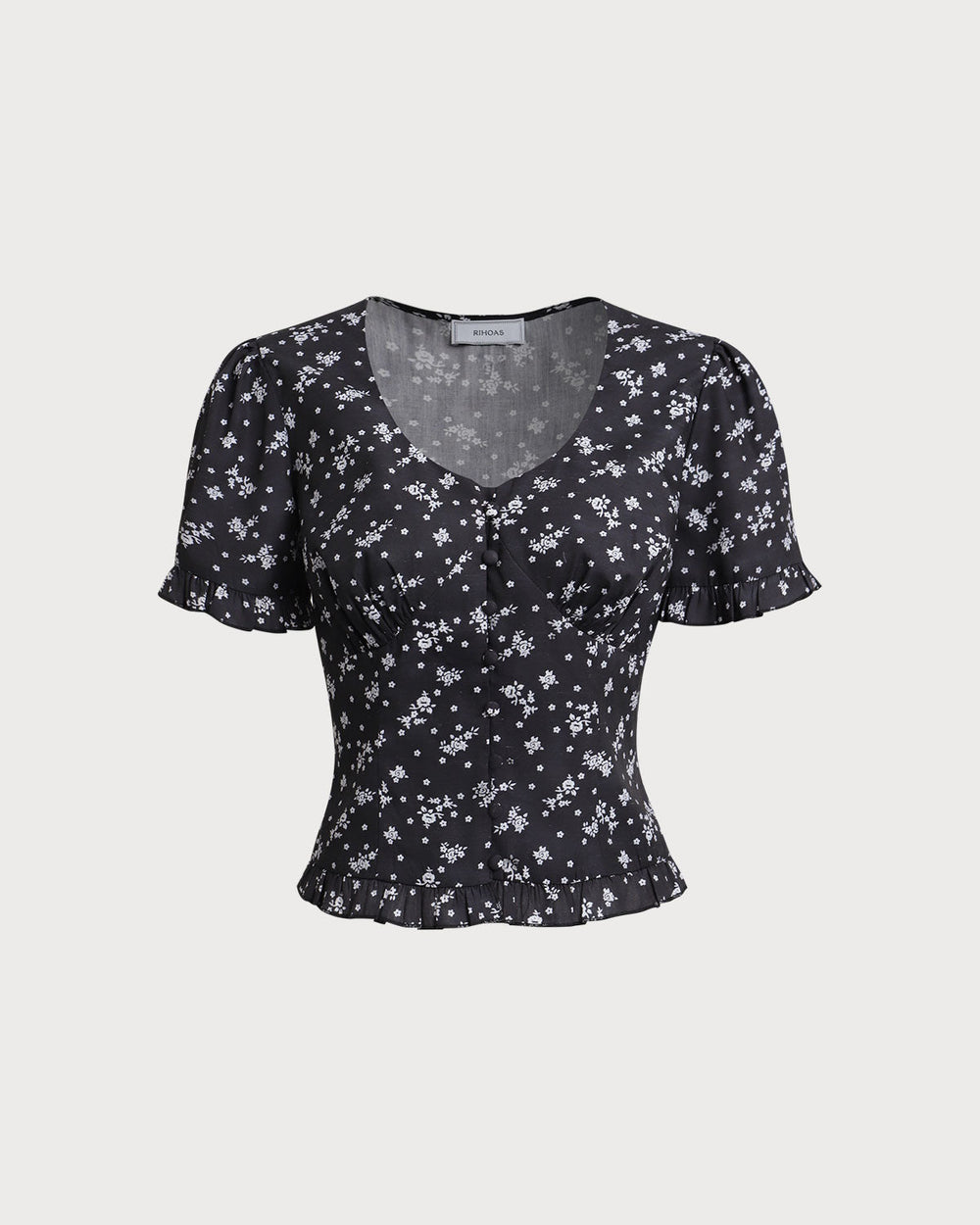 Black Floral Scoop Neck Blouse | Rihoas