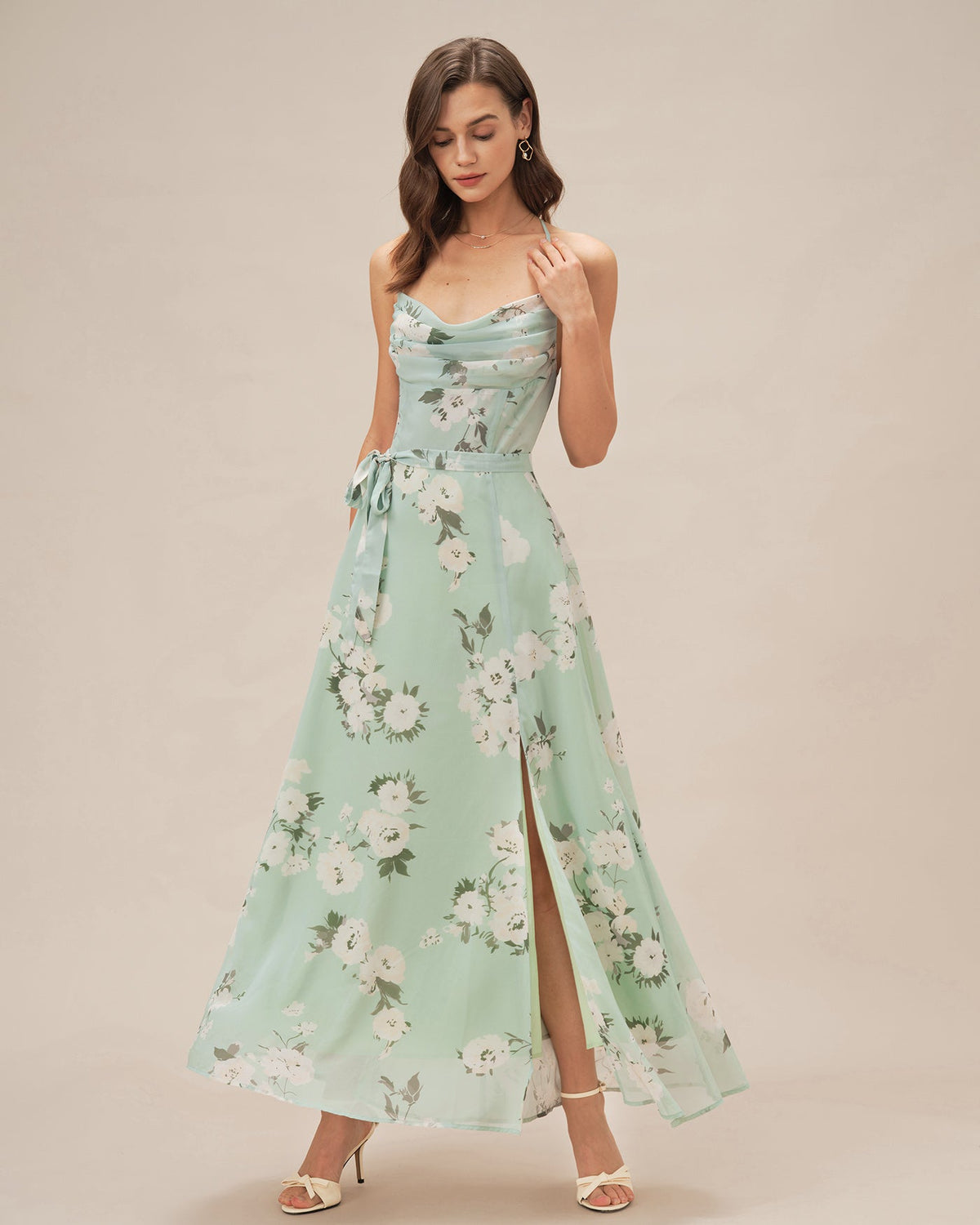 Green Cowl Neck Floral Maxi Dress | Rihoas