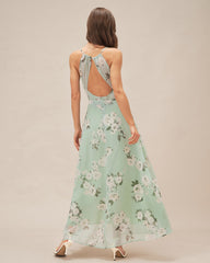Green Cowl Neck Floral Maxi Dress | Rihoas