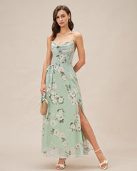 Green Cowl Neck Floral Maxi Dress | Rihoas