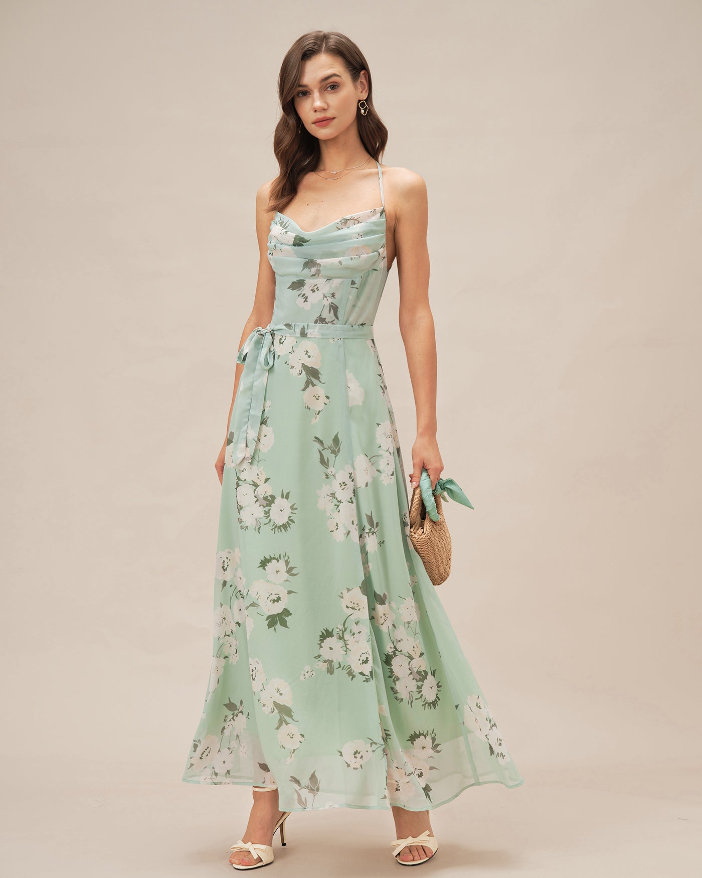 Green Cowl Neck Floral Maxi Dress | Rihoas