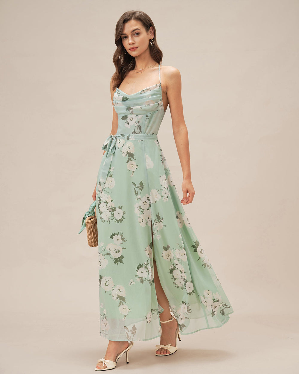 Green Cowl Neck Floral Maxi Dress | Rihoas