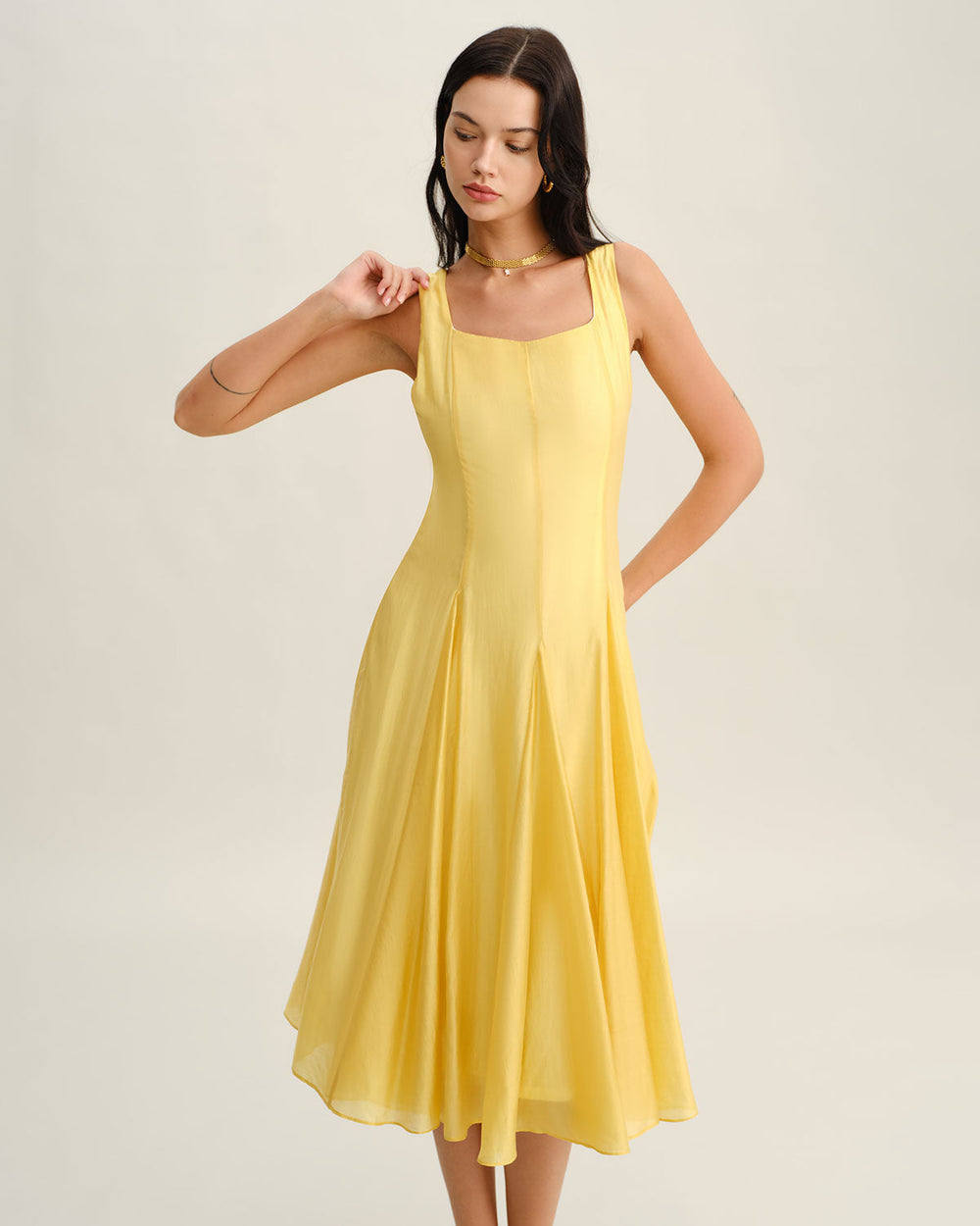 Yellow Square Neck Pleated Slip Midi Dress | Rihoas