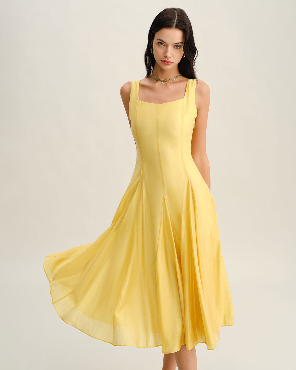 Yellow Square Neck Pleated Slip Midi Dress | Rihoas
