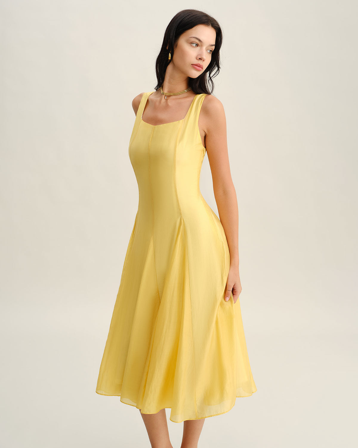 Yellow Square Neck Pleated Slip Midi Dress | Rihoas