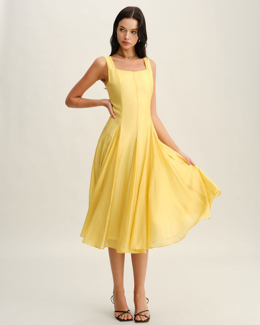 Yellow Square Neck Pleated Slip Midi Dress | Rihoas