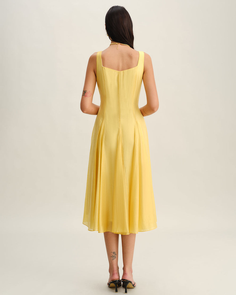 Yellow Square Neck Pleated Slip Midi Dress | Rihoas