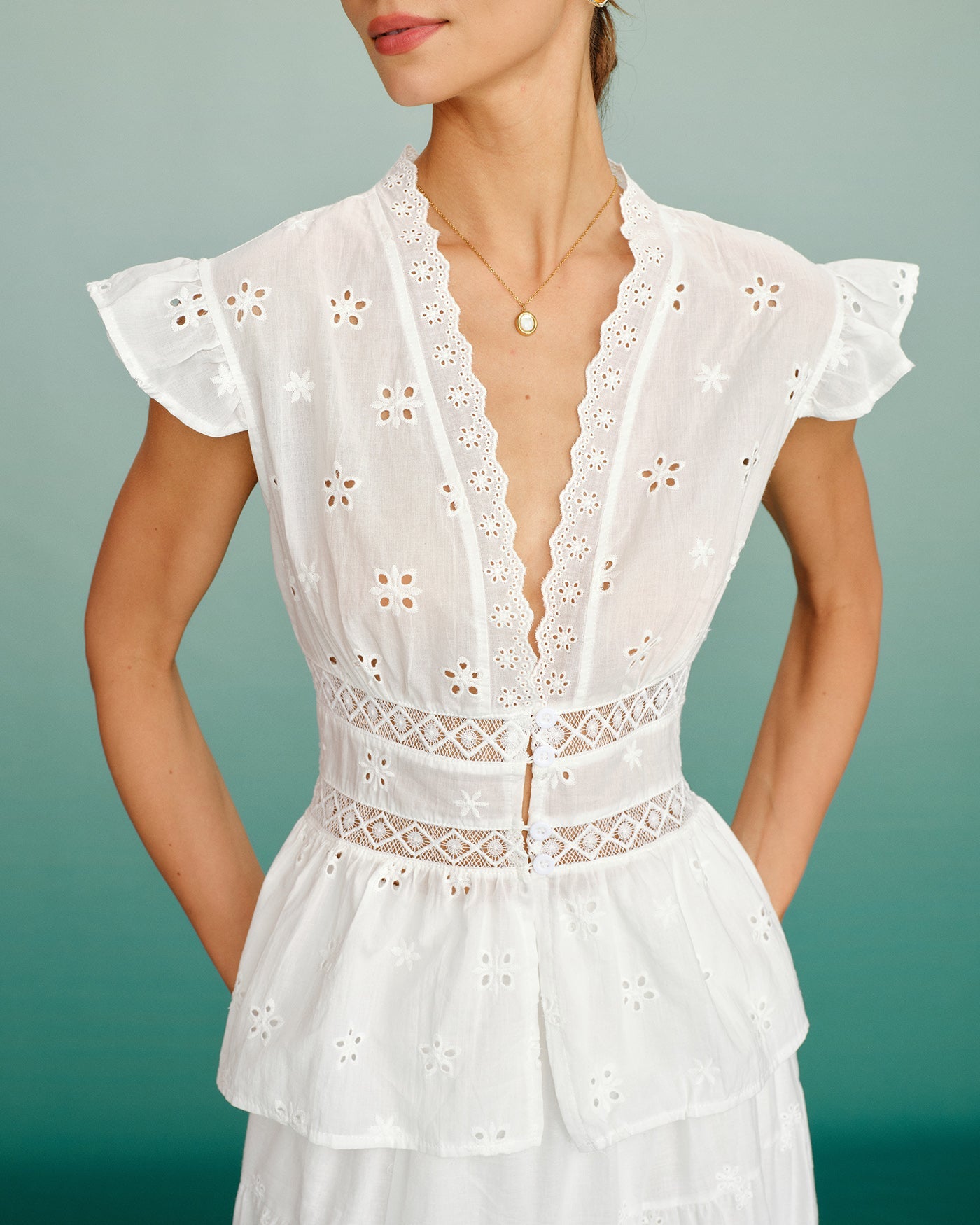 White V Neck Cut Out Tee | Rihoas