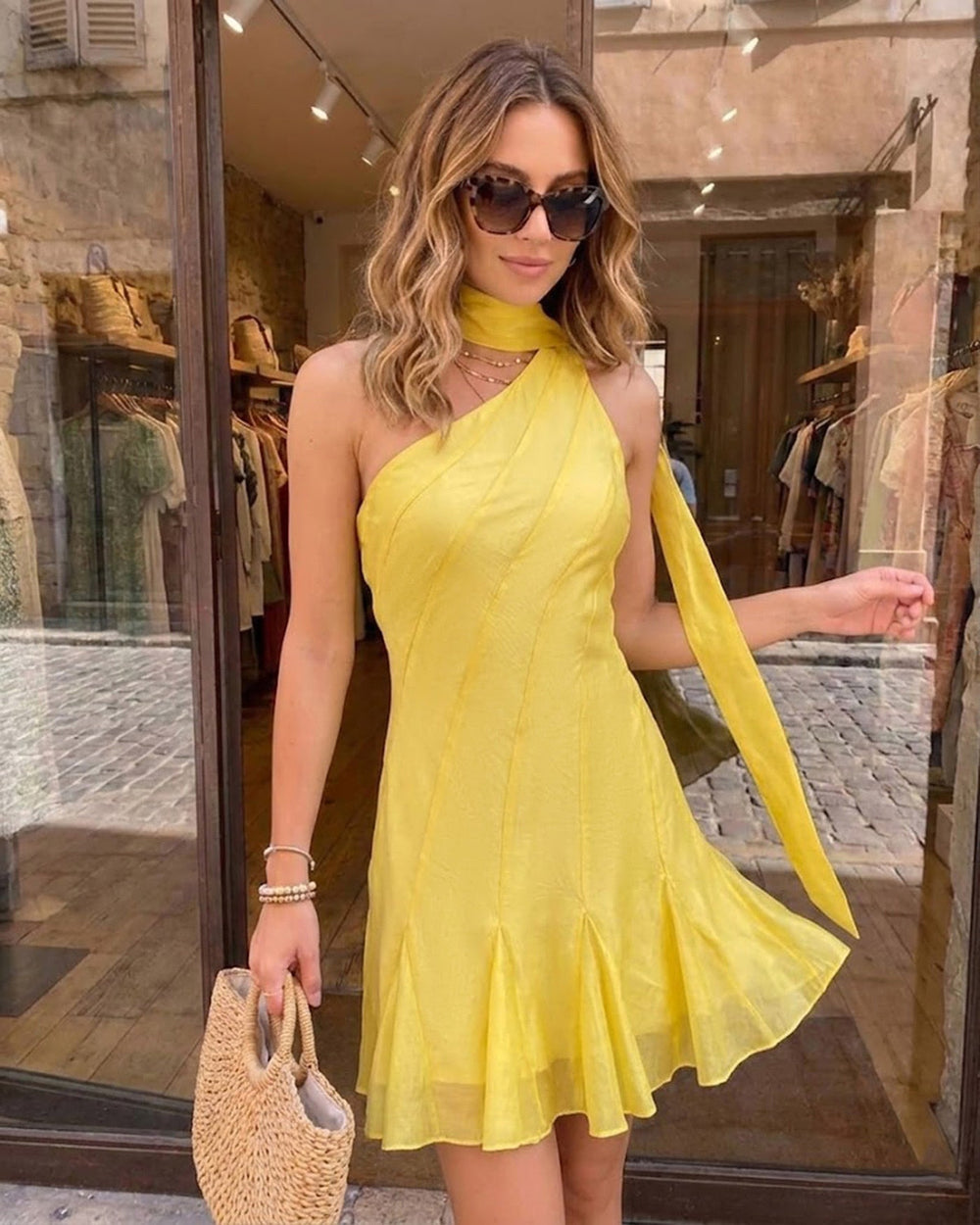 Yellow One Shoulder Mini Dress | Rihoas