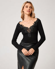 Black Lace V Neck Knit Tee | Rihoas
