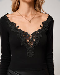 Black Lace V Neck Knit Tee | Rihoas