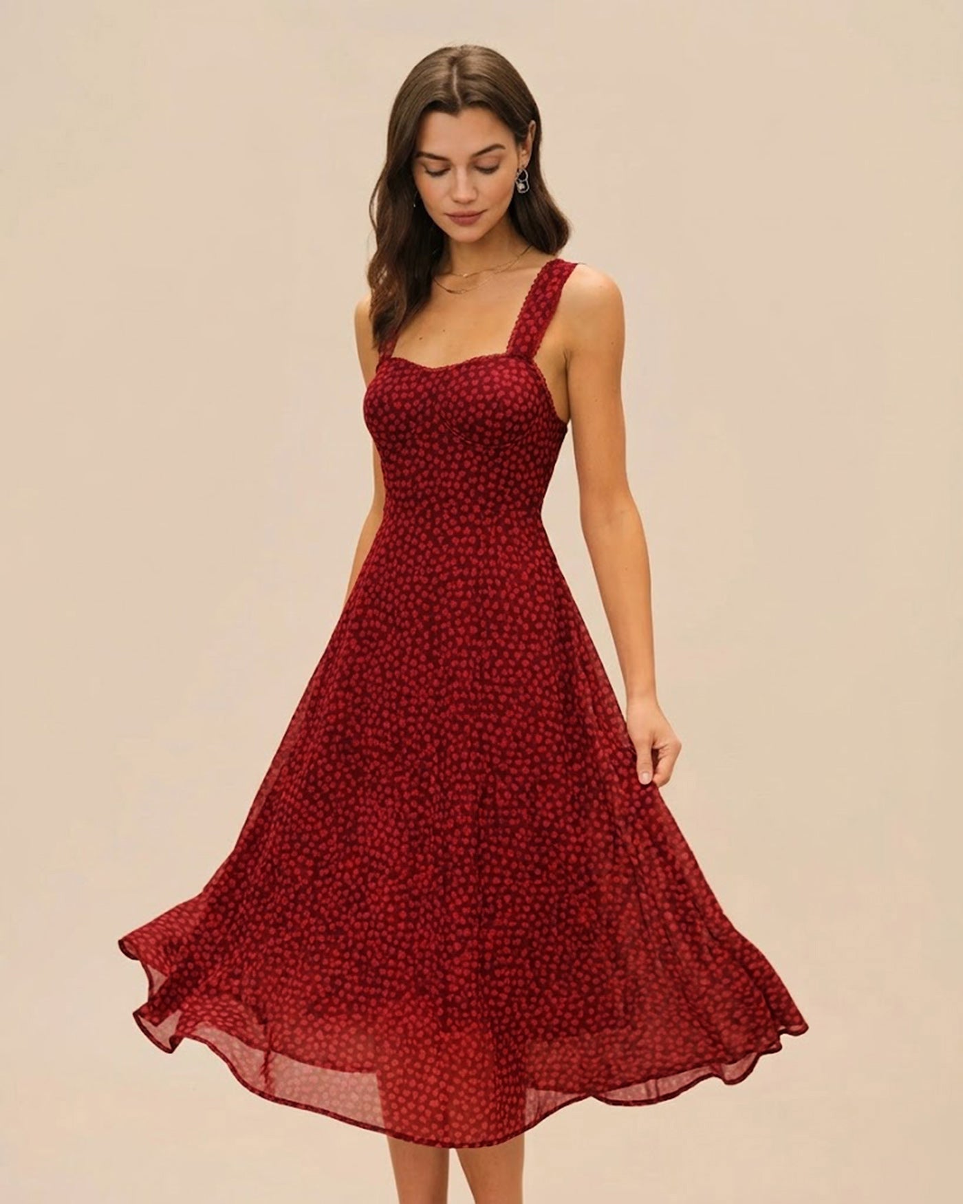 Red Sweetheart Neck Floral Midi Dress | Rihoas