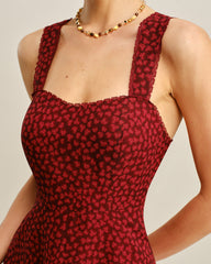 Red Sweetheart Neck Floral Midi Dress | Rihoas