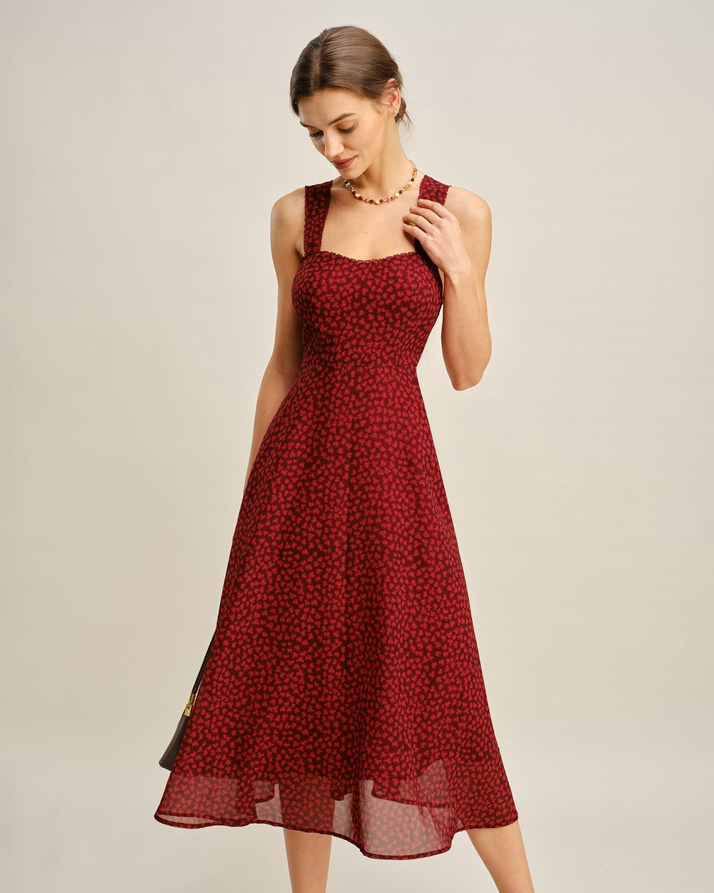 Red Sweetheart Neck Floral Midi Dress | Rihoas