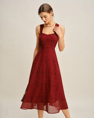 Red Sweetheart Neck Floral Midi Dress | Rihoas