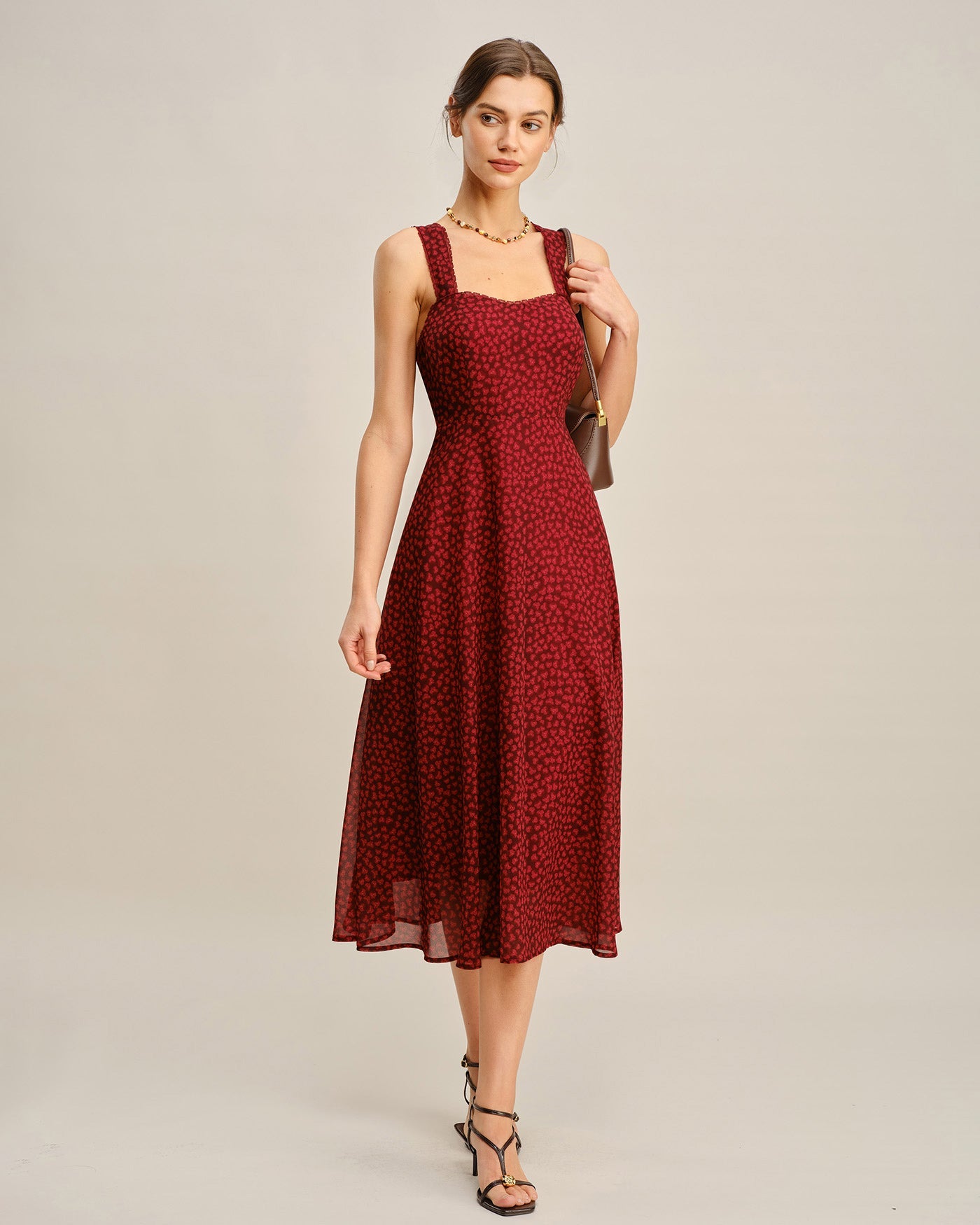 Red Sweetheart Neck Floral Midi Dress | Rihoas