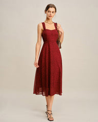 Red Sweetheart Neck Floral Midi Dress | Rihoas