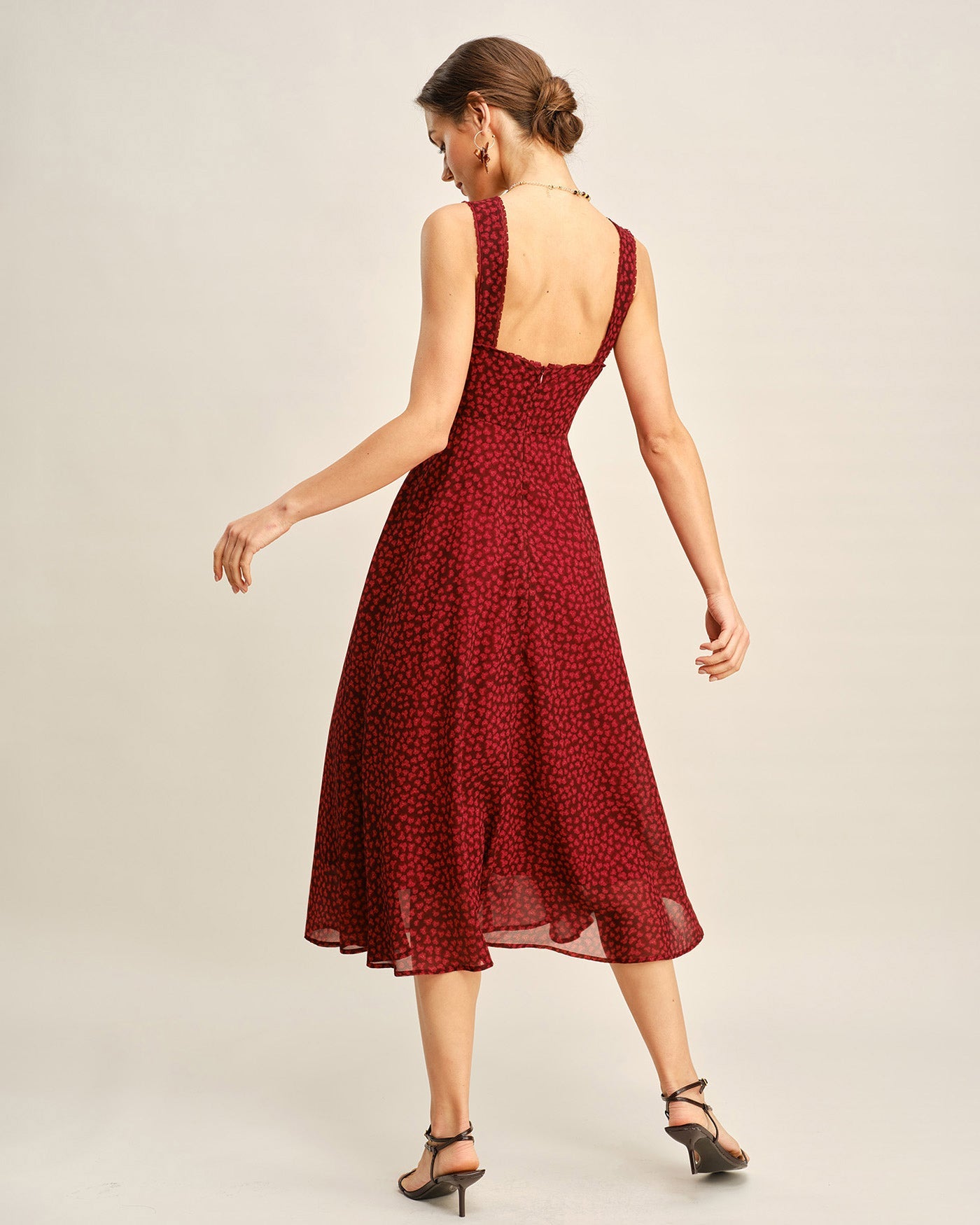 Red Sweetheart Neck Floral Midi Dress | Rihoas