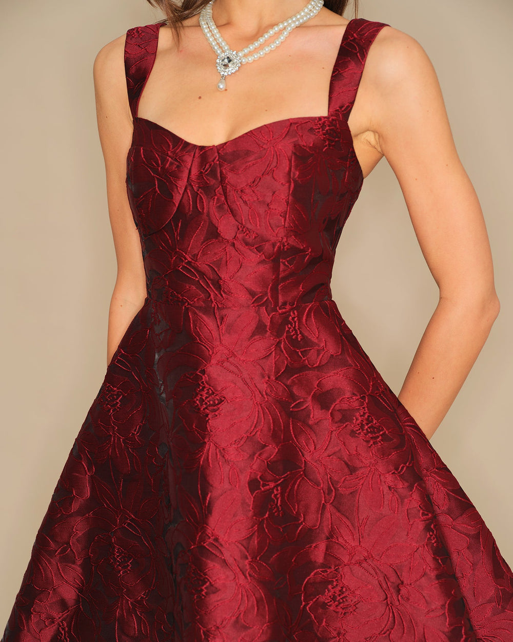 Wine Red Sweetheart Neck Jacquard Mini Dress | Rihoas