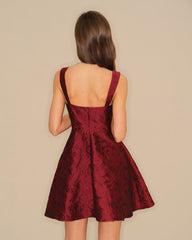 Wine Red Sweetheart Neck Jacquard Mini Dress | Rihoas
