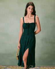The Green Square Neck Jacquard Slit Midi Dress | Rihoas