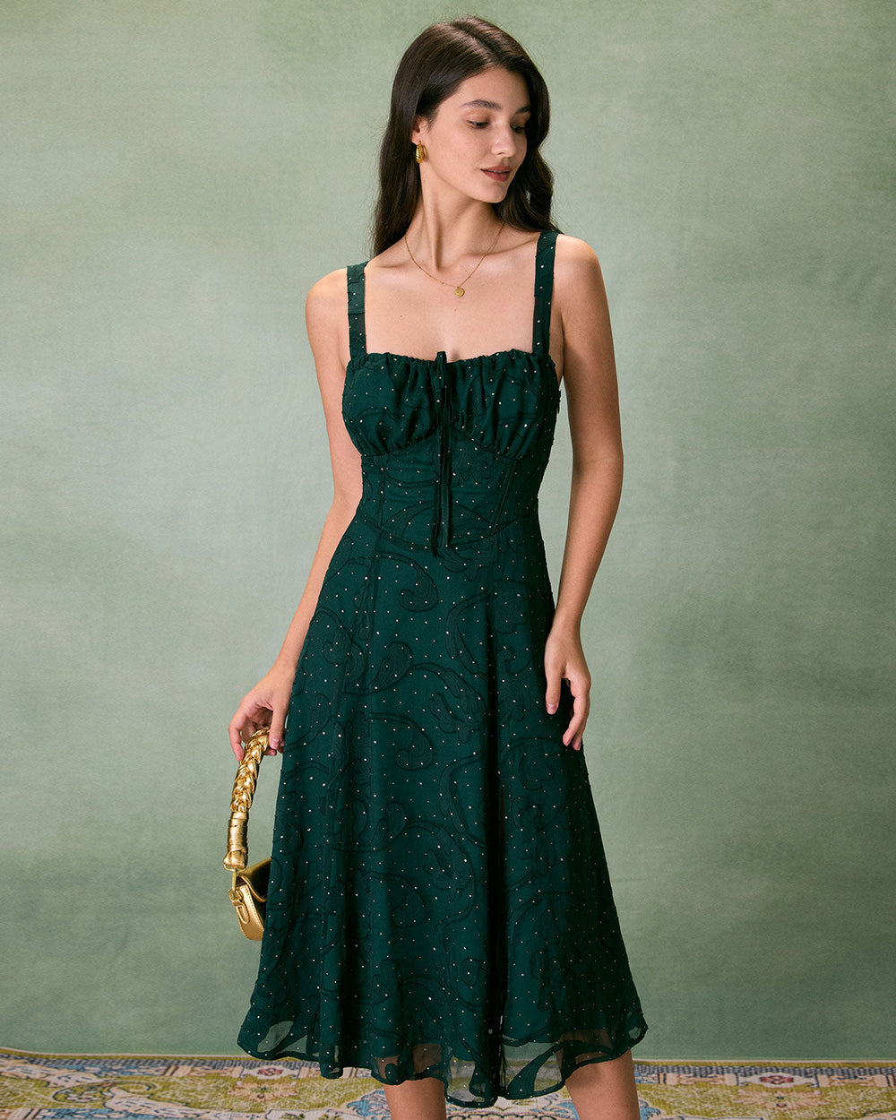 The Green Square Neck Jacquard Slit Midi Dress | Rihoas