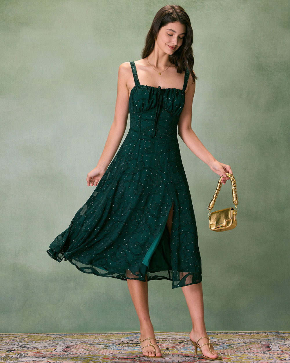 The Green Square Neck Jacquard Slit Midi Dress | Rihoas