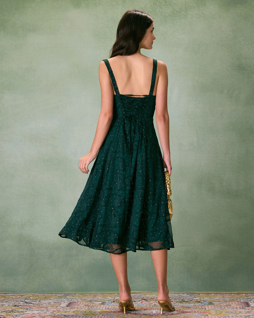 The Green Square Neck Jacquard Slit Midi Dress | Rihoas