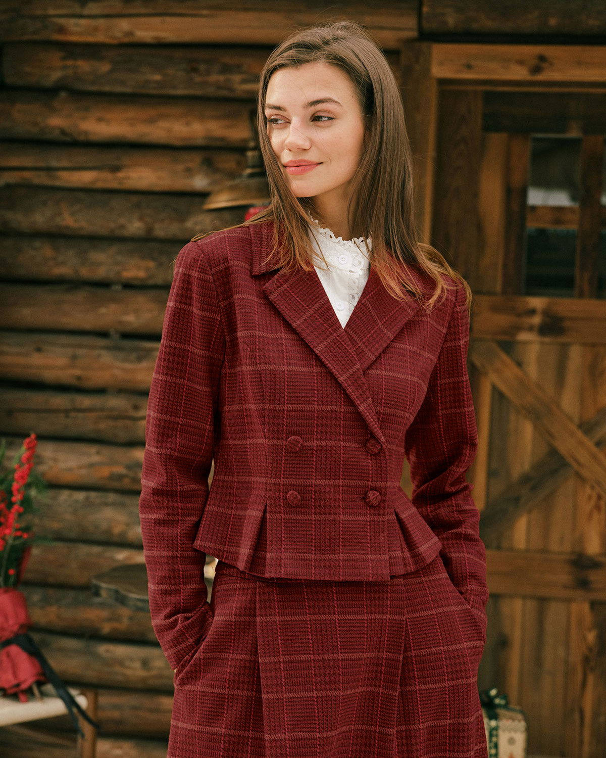 Red Plaid Double Breasted Jacket | Rihoas