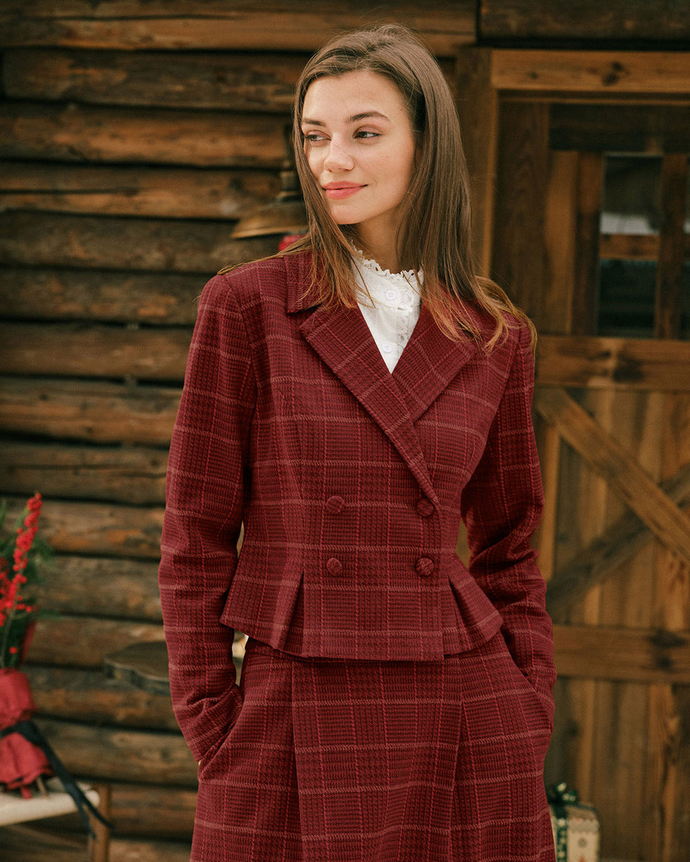 Red Plaid Double Breasted Jacket | Rihoas