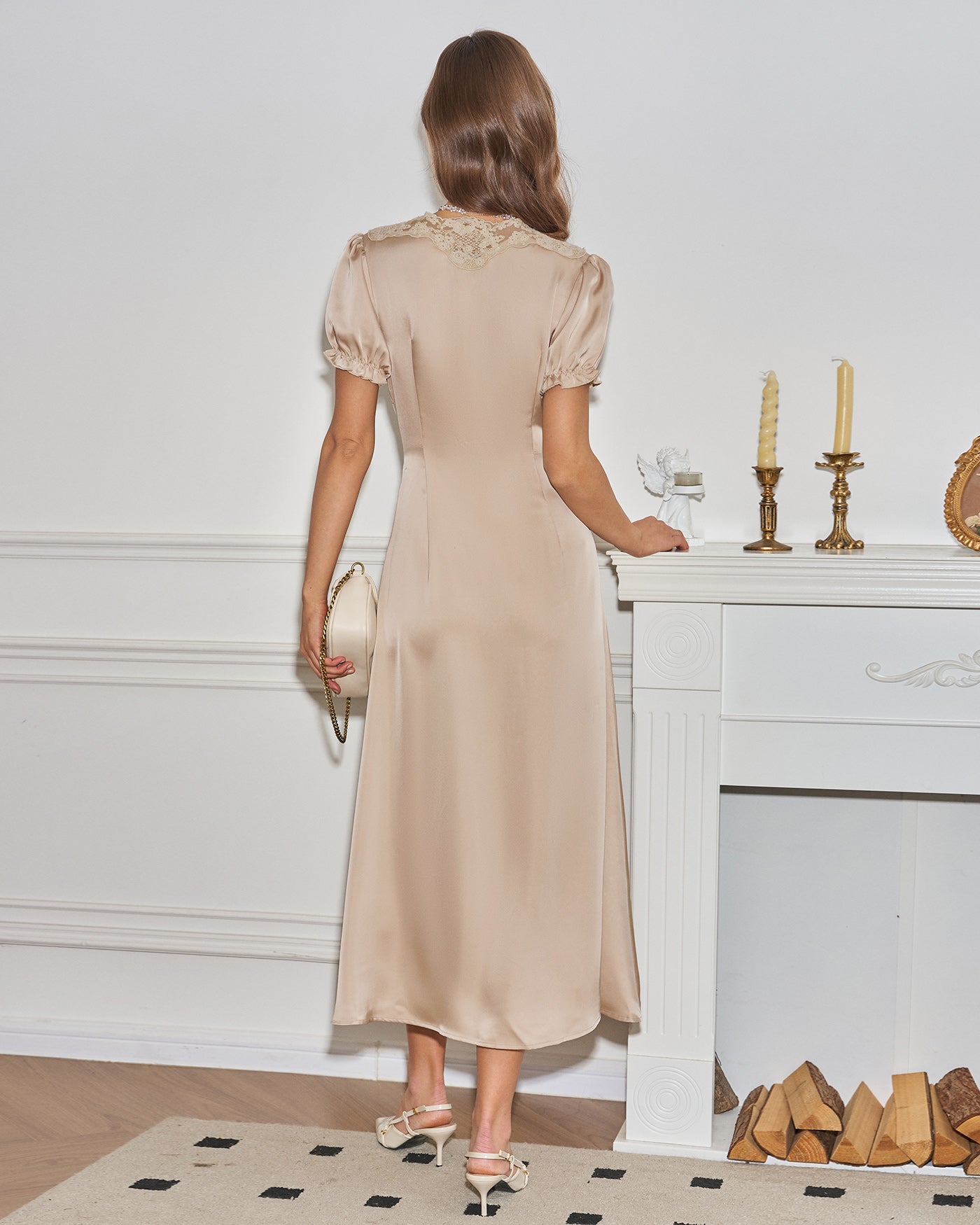 Apricot V Neck Lace Midi Dress | Rihoas
