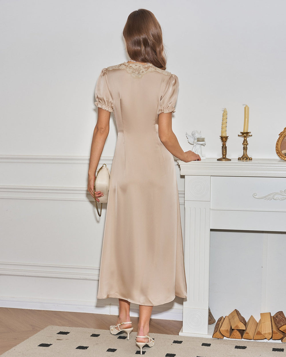 Apricot V Neck Lace Midi Dress | Rihoas