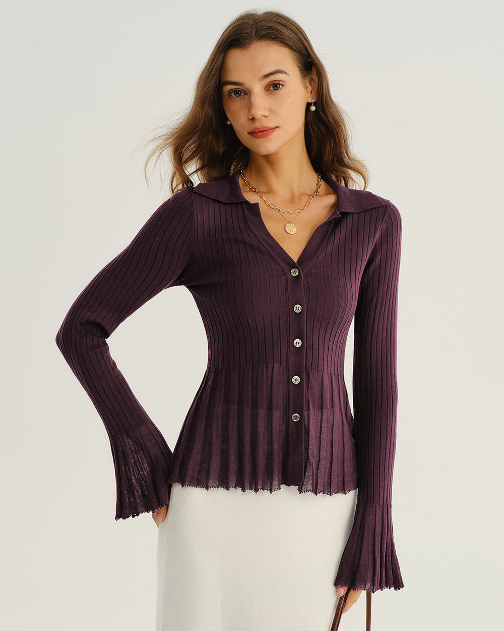 Purple Button Ribbed Knit Cardigan | Rihoas