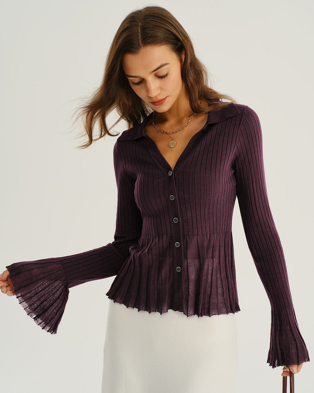 Purple Button Ribbed Knit Cardigan | Rihoas