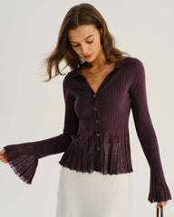 Purple Button Ribbed Knit Cardigan | Rihoas