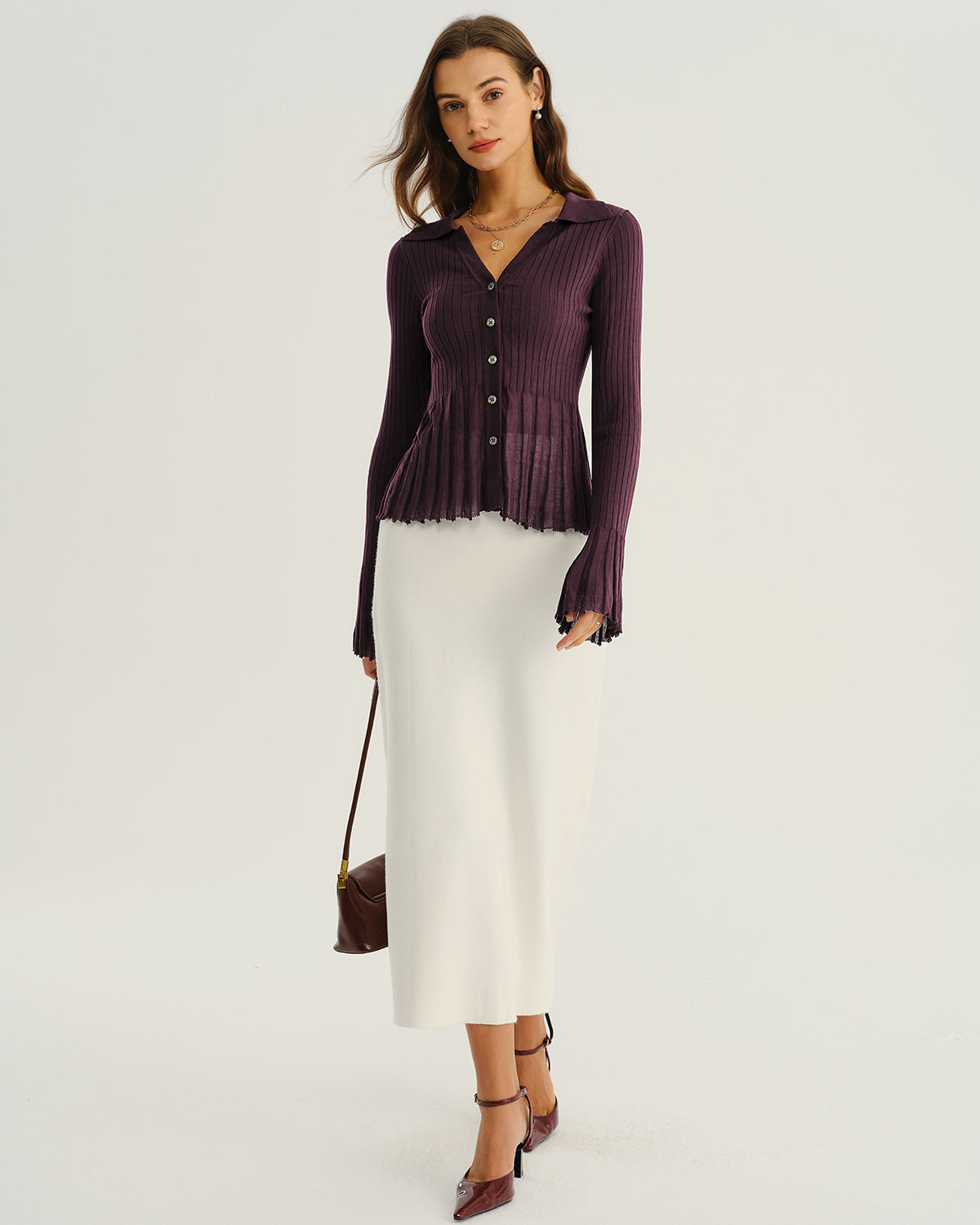 Purple Button Ribbed Knit Cardigan | Rihoas
