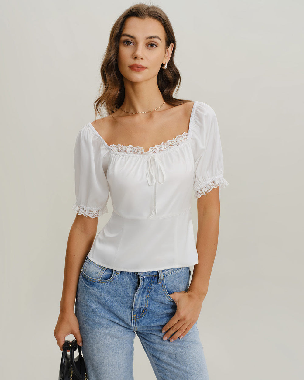 White Square Neck Lace Satin Blouse | Rihoas