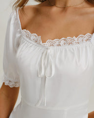 White Square Neck Lace Satin Blouse | Rihoas