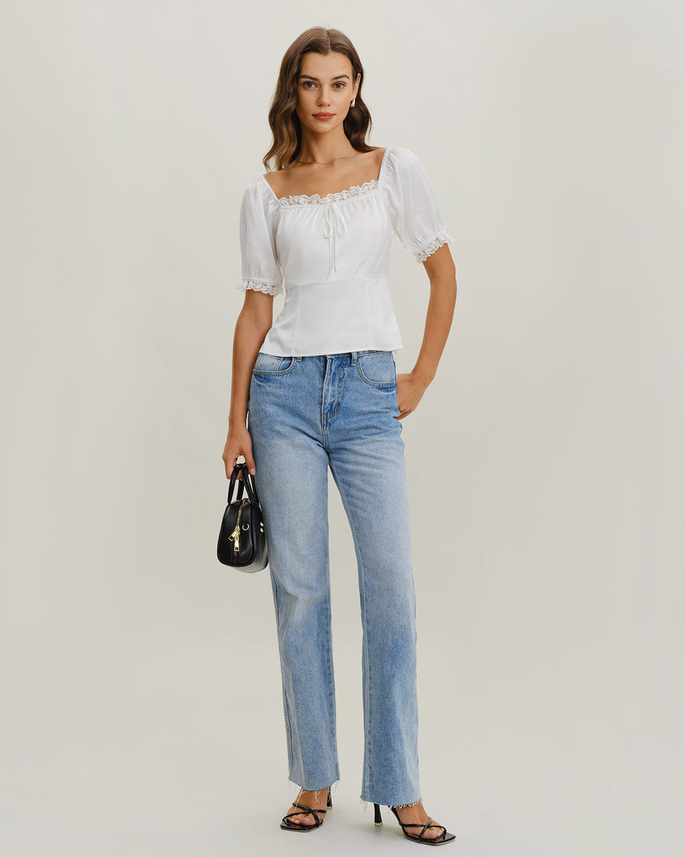 White Square Neck Lace Satin Blouse | Rihoas