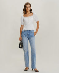 White Square Neck Lace Satin Blouse | Rihoas