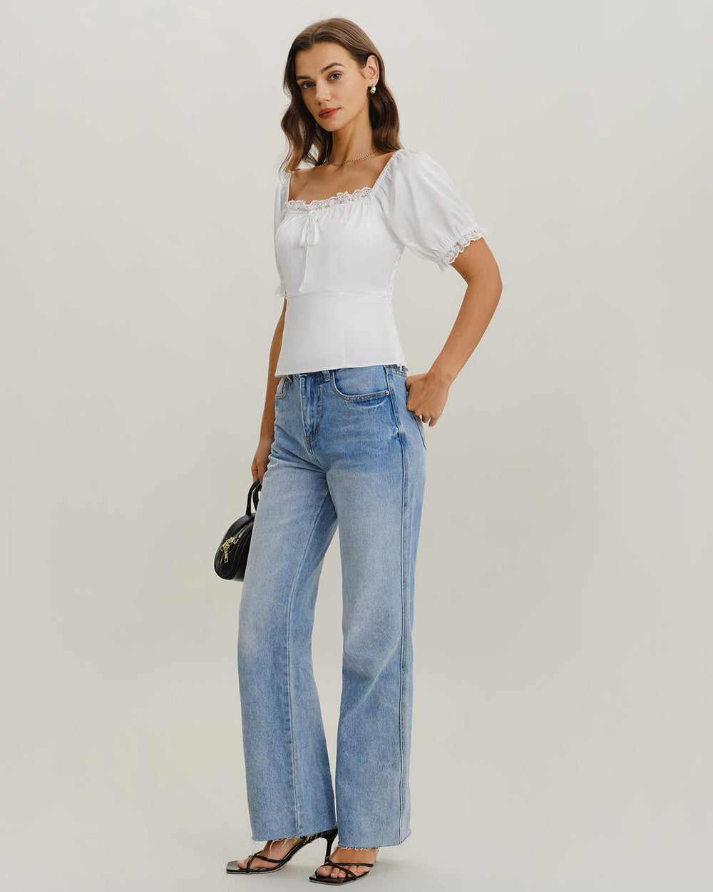 White Square Neck Lace Satin Blouse | Rihoas